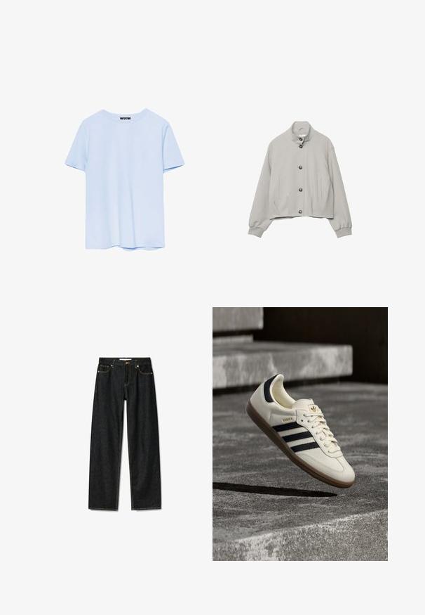 Veste courte gris clair avec col montant, cinq boutons à l'avant, manches longues avec poignets élastiques, et deux poches verticales à l'avant.; T-shirt à manches courtes bleu clair avec col rond, au design simple et épuré, présenté sur un fond blanc.; Jeans en denim foncé avec un design à coupe droite, fermeture à bouton en laiton et coutures jaunes contrastantes. Comprend cinq poches et une coupe classique.; Baskets blanches Adidas Samba avec des bandes noires et une semelle en gomme, flottant au-dessus de marches en béton gris texturé.