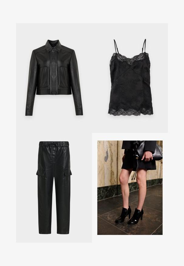 Sort cropped læderjakke med knaplukning, spids krave og to forlommer. Glat tekstur med kontrasterende syningsdetaljer.; Sort satin cami med tynde justerbare stropper, blomsterjacquardmønster og blonder langs halsudskæringen og kanten.; Sorte cargo bukser i kunstlæder med elastisk talje, snørre og klaplommer på begge sider.; Kvinde iført sorte ankelstøvler og en sort nederdel, der holder en stor sort læder clutch, står på en mørk flisebelagt gulv nær en marmormur.