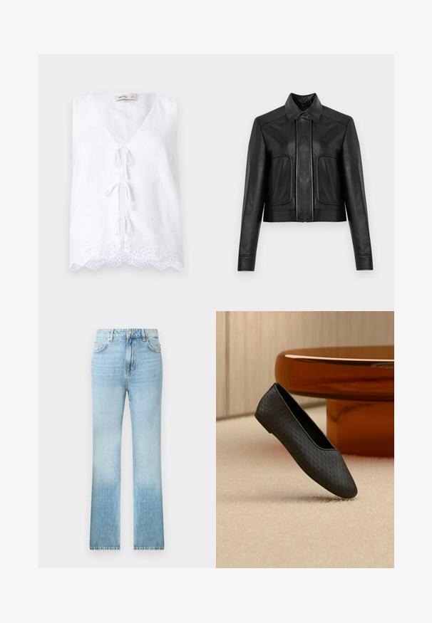 Sort cropped læderjakke med knaplukning, spids krave og to forlommer. Glat tekstur med kontrasterende syningsdetaljer.; Hvid ærmeløs top med dyb V-udskæring og blonde detaljer ved kanten. Har en bindelukning foran og tekstureret stof.; Lyseblå jeans med lige ben, klassisk design med fem lommer og knaplukning i taljen, vist på hvid baggrund.; Sort tekstureret slip-on flad sko svævende over beige tæppe nær rund bordplade i ravfarve.