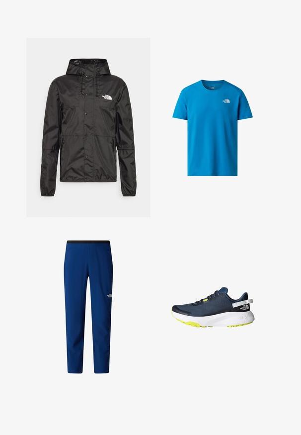 The North Face SEASONAL MOUNTAIN JACKET - Leichte Jacke - black; Blaues T-Shirt mit kurzen Ärmeln aus glattem Stoff, mit einem kleinen weißen Logo auf der linken Brust. Klassisches Rundhalsdesign.; Blaue, schmal zulaufende Sporthosen mit schwarzem Gummibund und dem North Face-Logo am rechten Oberschenkel, Frontansicht.; Laufschuhe mit einem Obermaterial aus marineblauem Mesh, weißer Zwischensohle und knallgelbem Außensohlene. Sie verfügen über einen gepolsterten Schaft und reflektierende Akzente.