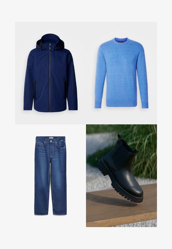 Marineblauwe waterdichte jas met capuchon, voorrits, twee zwarte ritszakken aan de zijkanten en subtiele branding op de linker schouder.; Blauwe gebreide trui met lange mouwen, ronde hals, ribbels aan de manchetten en onderkant. Zachte textuur, uniforme kleur, gelabeld aan de binnenkant van de nek.; Denim jeans in diepblauwe kleur, recht gesneden ontwerp met een gemiddelde tailleband, vijf zakken en subtiele vervaging aan de voorkant.; Zwarte leren enkellaarsjes met elastische zijpanelen, ronde neus en robuuste zool, tentoongesteld op een houten oppervlak.