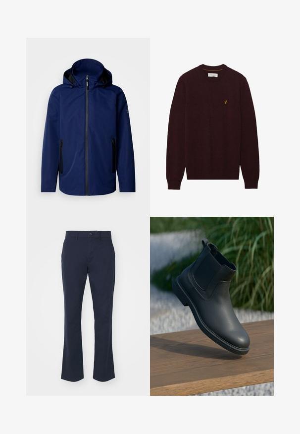 Chaqueta impermeable de color azul marino con capucha, cierre frontal de cremallera, dos bolsillos laterales con cremallera negra y un branding sutil en el hombro izquierdo.; Suéter burdeos con cuello redondo, mangas largas, puños y dobladillo acanalados. Presenta un pequeño logotipo de un pájaro amarillo en el lado izquierdo del pecho. Textura suave.; Pantalones azul marino confeccionados en una mezcla de tela de algodón, con un diseño de pierna recta, cinturilla estándar con cierre de botón y bolsillos laterales.; Botín negro de cuero hasta el tobillo con paneles laterales elásticos, acentos texturizados y suela de goma; la exhibición incluye una superficie de madera y vegetación.