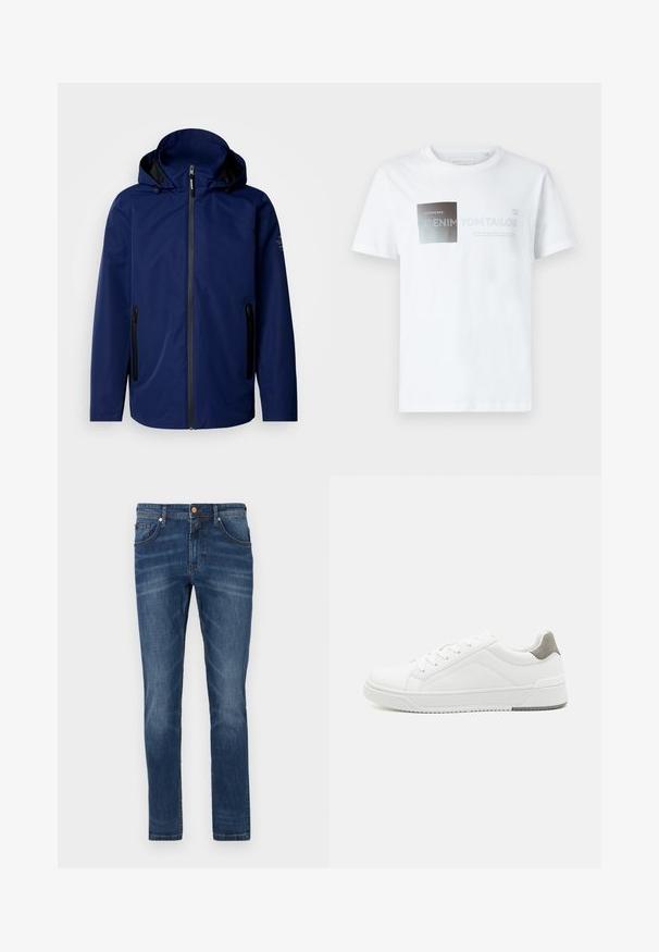 Marineblå vandtæt jakke med hætte, frontlynlås, to sorte lynlås-lommer på siden og diskret branding på venstre skulder.; Hvid bomulds t-shirt med korte ærmer, der har et grafisk design i sort og grå med tekst. Rund hals, afslappet pasform, glat tekstur.; Mørkeblå denim jeans med lige ben, fem lommer, subtile blegetoner, kontrastsyet og knaplukning i taljen.; Hvid sneaker lavet af glat læder, rund tå, minimalistisk design, grå hælafsats og tekstureret gummisål.