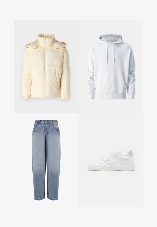 Only & Sons ONSORSON PUFFER JACKET - Chaqueta de invierno - antique white; Sudadera gris de felpa suave, con un bolsillo canguro, capucha con cordón y puños acanalados en las mangas y la cintura.; Vaqueros azules de mezclilla de tiro alto y corte holgado, con bolsillos delanteros, trabillas para cinturón, cierre de botones y detalles desgastados a lo largo de las piernas.; Zapatillas de cuero blanca con un acabado suave, punta redondeada, cordones planos y una suela texturada. Acento de ante gris en el talón.