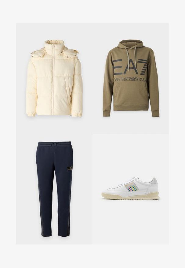Only & Sons ONSORSON PUFFER JACKET - Talvejope - antique white; Oliivroheline kapuutsiga pusa suure musta EA7 Emporio Armani logoga, ees kanderoome tasku ja reguleeritava paelaga kapuuts.; Tumed spordipüksid pehmest kangast, millel on nööriga vöökoht, kuldsed aksessuaared ja külgsirged, on mõeldud mugavuseks ja mitmekesisuseks.; Valge nahast sneaker, millel on kreemjas värvuses põhi, külgedel mitmevärvilised triipudega aktsendid ja kuldsete detailidega "PS Paul Smith" brändimine.