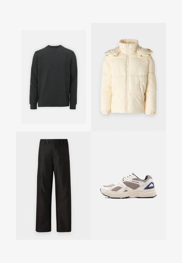 Only & Sons ONSORSON PUFFER JACKET - Zimná bunda - antique white; Čierna mikina vyrobená z bavlneného zmesi, má okrúhly výstrih, dlhé rukávy a jemné logo na hrudi. Hladká textúra.; Čierne široké nohavice vyrobené z hladkej látky, s plochým predným dielom, pútkami na opasok a dvoma bočnými vreckami. Červený logo značky zdobí stranu.; Béžová a taupe sieťovaná a syntetická športová obuv so šnurovacím zapínaním, polstrovanou podrážkou a logom "JACK & JONES" na boku.