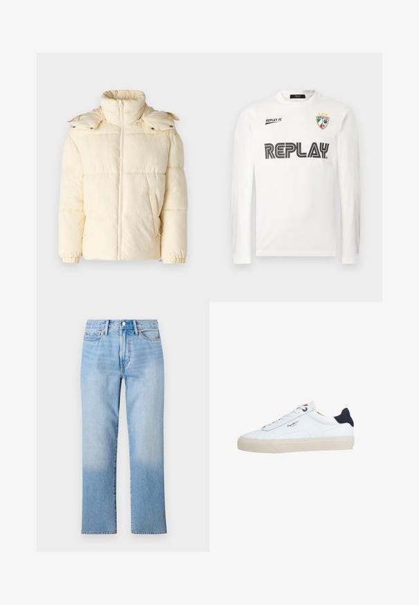 Only & Sons ONSORSON PUFFER JACKET - Winterjas - antique white; Witte lange mouwen shirt met zwarte "REPLAY" tekst over de borst, kleine "REPLAY FC" tekst op de bovenlinkerzijde, en een driekleurig schildembleem met drie sterren op de bovenrechterside.; Lichtblauwe denim jeans met een recht model, voorzien van een vervaagde wassing, standaard vijf-pocket styling en een klassieke knoopsluiting.; Witte lage sneaker met een beige zool, witte veters, zwarte hielstrook en het logo "Pepe Jeans London" aan de zijkant.