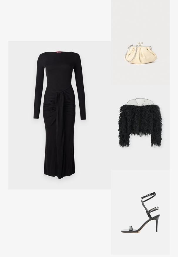 Veste noire à manches longues avec texture à franges ébouriffées, design épaules dénudées et devant ouvert, suspendue sur un cintre en fil métallique sur fond blanc.; Robe noire à manches longues avec un corsage ajusté, texture froncée à la taille et ourlet droit, fabriquée en tissu extensible doux.; Sandale noire à talon haut avec fine bride à la cheville, bride médiane décorée de maillons de chaîne argentés, et design à bout ouvert.; Pochette en cuir beige plissé avec un cadre en métal argenté, dotée de deux fermoirs ronds décoratifs et d'une chaîne en argent.