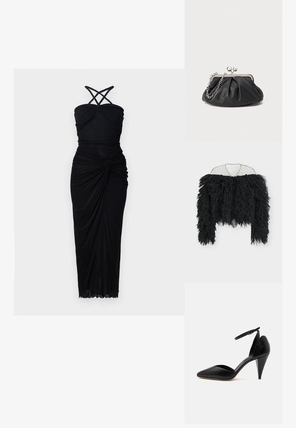 Veste noire à manches longues avec texture à franges ébouriffées, design épaules dénudées et devant ouvert, suspendue sur un cintre en fil métallique sur fond blanc.; Robe noire avec un corsage ajusté, des bretelles croisées et un tissu froncé qui tombe vers un ourlet légèrement évasé avec une texture subtile.; Escarpin en cuir noir à bout pointu avec bride à la cheville et talon conique sur fond blanc.; Porte-monnaie en cuir noir avec texture froncée, cadre en métal argenté, fermeture à verrouillage kiss-lock et bandoulière en chaîne. Surface lisse et douce.