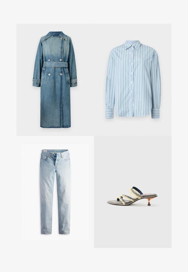Heled sinise denim mantli. Omab kaelust, topelt nööbitavat disaini, nööridega vöökohta ja nööbiga mansette, millel on detailne õmblus.; Helesin sinine pikkade varrukatega särk, millel on vertikaalsed rohelised triibud, nööpidega eesosa ja kontrastsete triibuliste mansettidega. Sile kangas, klassikaline krae disain.; Hele sinised teksapüksid sirge säärekujundusega, viie tasku ja metallist nööpkinnitustega standardsel vöökohal.; Denim liblikasandaal kolme kollase purustatud rihmaga, kergelt terava varbaga ja metallik väikese kontsaga. Tasane tald dekoratiivse õmblusega.