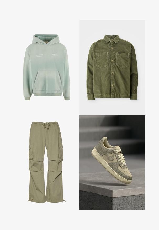 Chemise en velours côtelé verte à manches longues, avec un devant à boutons, deux poches poitrine et une petite étiquette sur la poche gauche.; Sweat à capuche vert clair avec une poche kangourou, des poignets et un ourlet côtelés. Avec du texte imprimé en blanc à l'avant et une finition douce et texturée.; Pantalons cargo en vert olive, fabriqués à partir d'un tissu léger, avec une taille élastique, des poignets ajustables et plusieurs poches latérales.; Baskets Nike Air Force 1 beige et grises avec tissu texturé et panneaux lisses, flottant au-dessus d'une surface en béton avec des escaliers flous en arrière-plan.