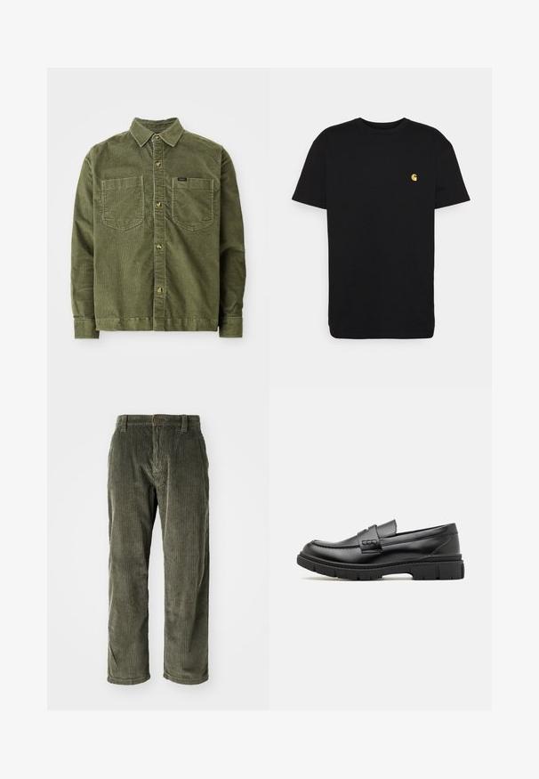 Grüne Cordhemd mit langen Ärmeln, durchgehender Knopfleiste, zwei Brusttaschen und einem kleinen Etikett auf der linken Tasche.; Schwarzes Baumwoll-T-Shirt mit kurzen Ärmeln, Rundhalsausschnitt und einem kleinen gelben Logo im linken Brustbereich. Einfaches Design und normale Passform.; Olivgrüne Cordhosen mit vertikalen Rippungen, ausgestattet mit einem Knopfverschluss und einem geraden Schnitt. Weicher Stoff mit klassischer Passform.; Schwarze Lederloafer mit einem breiten Riemen über dem Rist, Gummisohle mit dicken Profilen und glatter Textur. Klassisches, schlankes Design.
