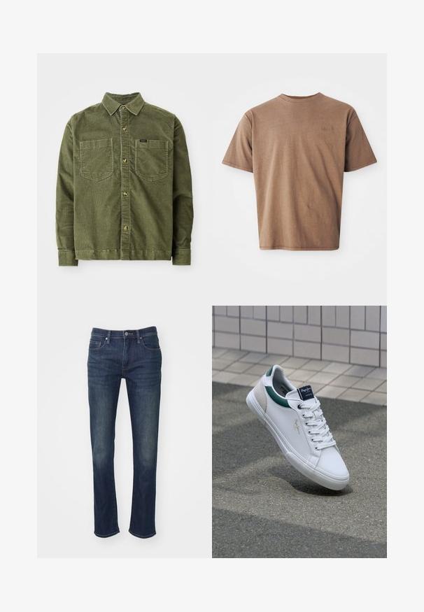Grüne Cordhemd mit langen Ärmeln, durchgehender Knopfleiste, zwei Brusttaschen und einem kleinen Etikett auf der linken Tasche.; Braunes Baumwoll-T-Shirt mit Rundhalsausschnitt, kurzen Ärmeln und einem dezenten gestickten Logo auf der linken Brustseite. Glatte Textur, lockerer Schnitt.; GAP SLIM SOFT SOLANO - Jeans Slim Fit - dark wash; Weiße Leder-Sneaker mit grünen und beigen Akzenten, die über eine strukturierte Sohle, eine runde Schuhspitze und ein traditionelles Schnürdesign verfügen.