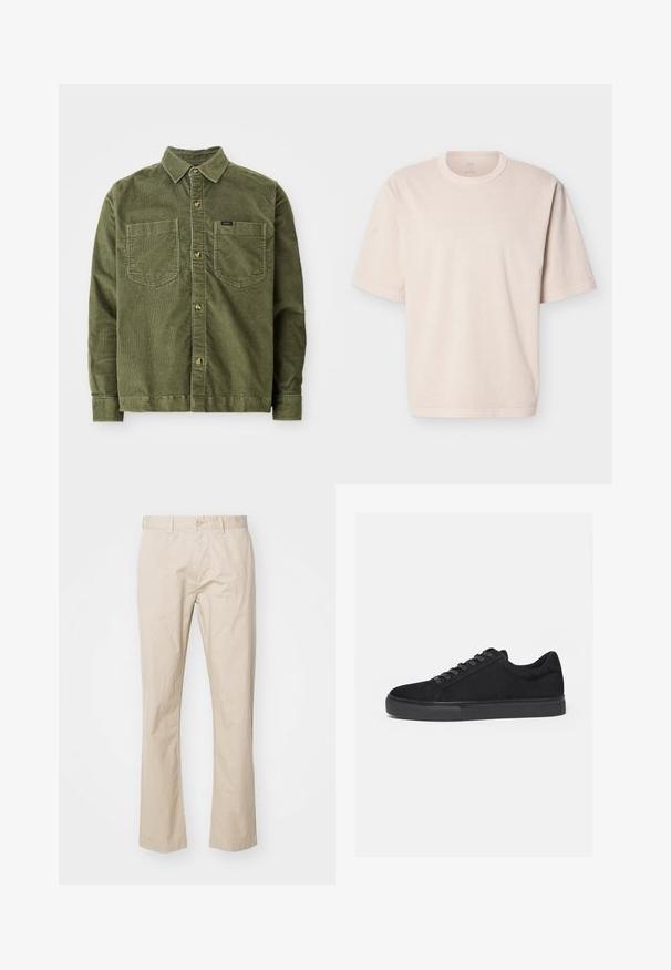 Grüne Cordhemd mit langen Ärmeln, durchgehender Knopfleiste, zwei Brusttaschen und einem kleinen Etikett auf der linken Tasche.; Beige übergroßes Kurzarm-T-Shirt mit Rundhalsausschnitt und einfacher Naht, flach auf weißem Hintergrund präsentiert.; Beige Baumwoll-Chinos mit geradem Bein, ausgestattet mit einem Knopfverschluss und subtilen Falten für Textur. Glatter Stoff und klare Linien.; Schwarzer Low-Top-Sneaker mit Schnürung vorne und flacher Gummisohle, seitlich auf weißem Hintergrund dargestellt.