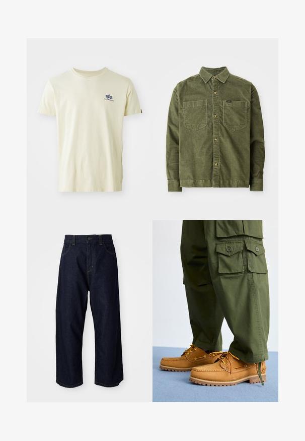 Grüne Cordhemd mit langen Ärmeln, durchgehender Knopfleiste, zwei Brusttaschen und einem kleinen Etikett auf der linken Tasche.; Beiges T-Shirt mit kurzen Ärmeln und Rundhalsausschnitt mit kleinem blauem Alpha Industries-Logo auf der oberen linken Brust.; Dunkelblaue Jeanshose mit lockerer Passform, ausgestattet mit einem Knopfverschluss, Gürtelschlaufen und gelben Nähten an Taschen und Säumen.; Timberland AUTHENTIC 3 EYE - Bootsschuh - wheat