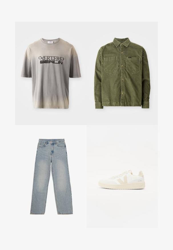 Grüne Cordhemd mit langen Ärmeln, durchgehender Knopfleiste, zwei Brusttaschen und einem kleinen Etikett auf der linken Tasche.; Grau verlaufendes T-Shirt mit kurzen Ärmeln, das einen schwarzen Druck von "VERTERE BERLIN" in einer stilisierten Schriftart aufweist, mit weicher Textur und lockerer Passform.; Hellblaue Jeans aus Denim mit geradem Schnitt, fünf Taschen und dezenten Ausbleichungen, ausgestattet mit einem Knopf- und Reißverschluss sowie fransigen Saumkanten.; Weißer Sneaker mit beigen Akzenten, ausgestattet mit einem strukturierten Obermaterial, runder Zehenpartie und einer dicken Gummisohle. Das Design umfasst das ikonische V-Logo und Branding.