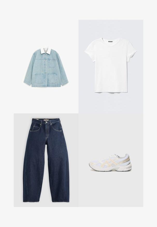 Lyseblå denimjakke med hvid krave, knapper foran og tre store påsatte lommer, vist fladt på hvid baggrund.; Enkelt hvid T-shirt med korte ærmer og V-hals, med et lille "WEEKDAY" mærke indeni kraven, vist mod en lysegrå baggrund.; Mørkeblå denim jeans med løs pasform, lyse syninger, fem lommer og en knaplukning ved taljen.; Hvide sportsko med mesh-materiale, med lys orange og grå accenter, en tekstureret sål og en polstret krave for komfort.