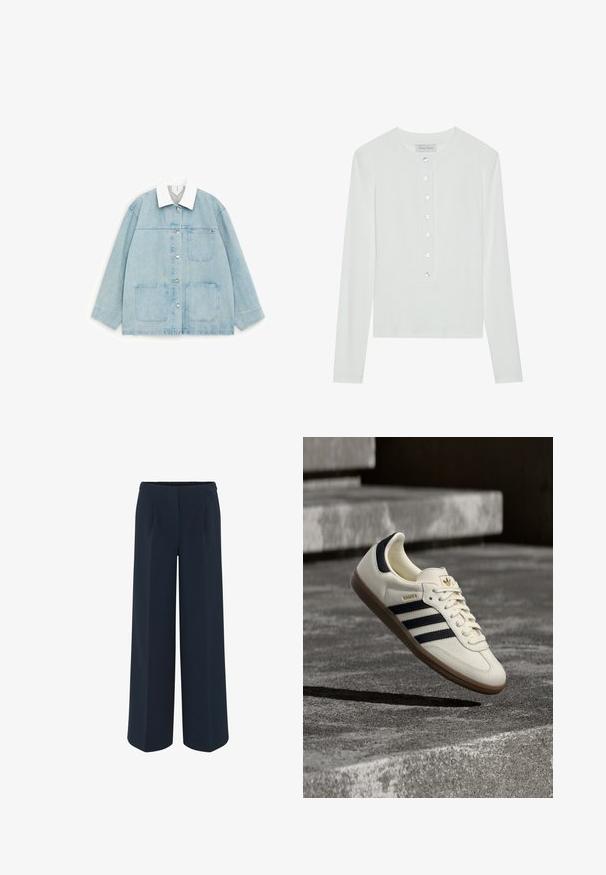 Hellblaue Jeansjacke mit weißem Kragen, vorderen Druckknöpfen und drei großen aufgesetzten Taschen, flach auf weißem Hintergrund dargestellt.; Weißes Langarmoberteil aus geripptem Stoff, mit einem runden Ausschnitt und einer Knopfleiste mit sechs transparenten Knöpfen.; Weite Hose in Dunkelblau, aus glattem Stoff, mit maßgeschneiderten Falten und hohem Taillendesign. Keine sichtbaren Taschen oder Verzierungen.; Weißer Adidas Samba Sneaker mit schwarzen Streifen und Gummisohle, schwebend über strukturierten grauen Betontreppen.