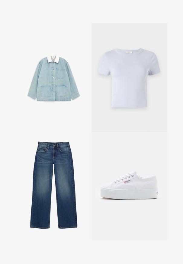 Hellblaue Jeansjacke mit weißem Kragen, vorderen Druckknöpfen und drei großen aufgesetzten Taschen, flach auf weißem Hintergrund dargestellt.; Hellblaue Kurzarm-T-Shirt mit Rundhalsausschnitt, aus weichem Stoff; hat eine figurbetonte Passform und dezente Nähte.; Weit geschnittene blaue Jeans aus Denim mit einem verwaschenen Finish, ausgestattet mit fünf Taschen, einem vorderen Knopfverschluss und sichtbaren Nahtdetails.; Weiße Leinenschuhe mit einer dicken weißen Plattformsohle, runder Zehenpartie und Metallösen für die Schnürsenkel. Markenlogo an der Seite angebracht.
