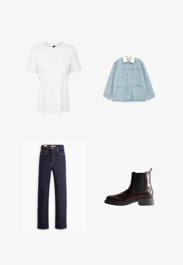 Lyseblå denimjakke med hvid krave, knapper foran og tre store påsatte lommer, vist fladt på hvid baggrund.; Hvid kortærmet t-shirt lavet af bomuld med rund halsudskæring og afslappet pasform. Glat tekstur og ingen synlige mønstre eller dekorationer.; Mørkeblå straight-leg denim jeans med fem lommer og synlig orange syning på hvid baggrund.; Brune læder ankelstøvle med elastiske sidepaneler, rund tå og en struktureret sort gummisål. Har kontrasterende syninger og en trækflap.