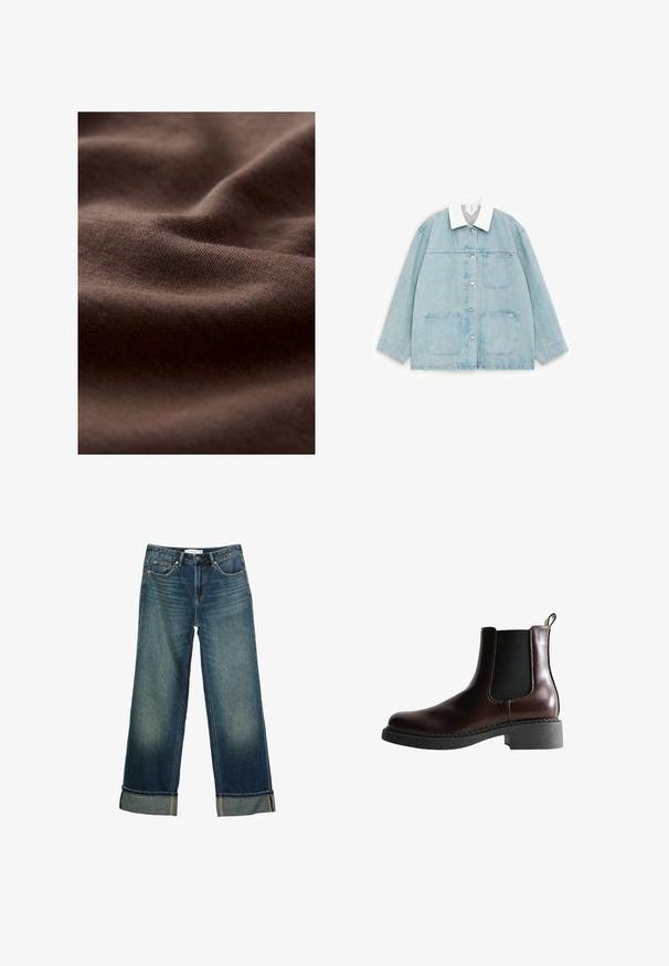 Lyseblå denimjakke med hvid krave, knapper foran og tre store påsatte lommer, vist fladt på hvid baggrund.; Nærbillede af blødt, brunt strikket stof med synlig tekstur og blide folder, der skaber lys- og skyggevariationer.; Blå falmede viddejeans med opbukket kant, frontknap og lynlåslukning samt fem-lomme-design.; Brune læder ankelstøvle med elastiske sidepaneler, rund tå og en struktureret sort gummisål. Har kontrasterende syninger og en trækflap.