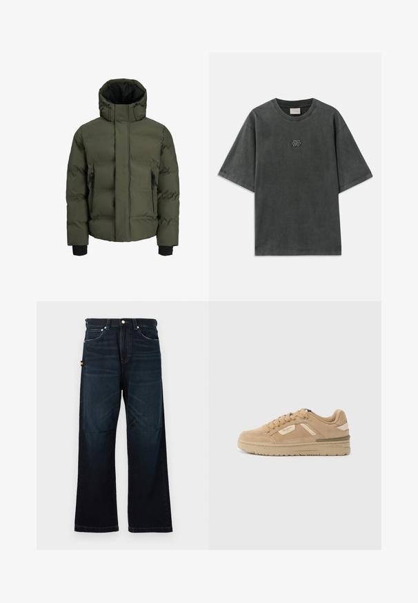 Chaqueta de invierno acolchada en verde oliva con cuello alto, capucha ajustable, bolsillos con cremallera negros y puños negros acanalados.; Camiseta de manga corta de gran tamaño en gris oscuro con cuello redondo y pequeño diseño de nudo bordado en el centro del pecho.; Vaqueros rectos de color azul oscuro con diseño clásico de cinco bolsillos, trabillas para el cinturón y sutiles detalles desgastados en la parte frontal y las rodillas.; Zapatilla de gamuza color canela con puntera redonda, cierre de cordones y collar acolchado. Cuenta con una entresuela texturizada y detalles sutiles de la marca en el lateral.