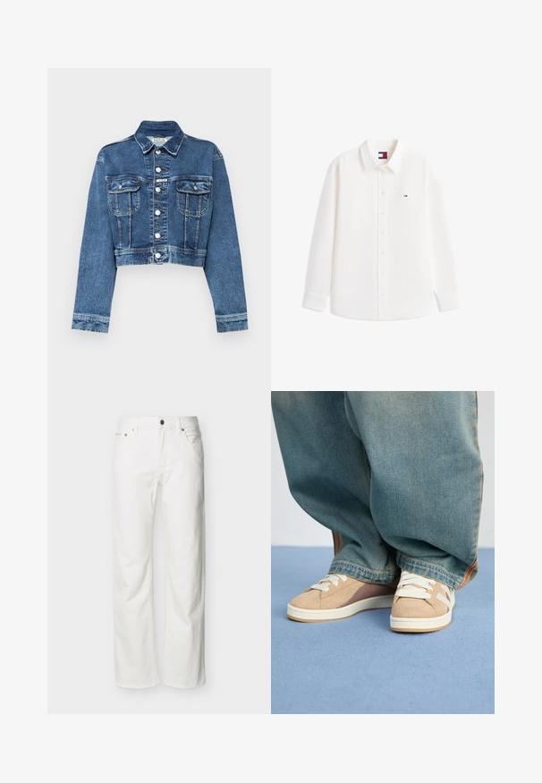 Forkortet blå denimjakke med frontlommer, sølvknapper og et lille logo-klistermærke. Har en klassisk krave og standard lange ærmer.; Hvid langærmet skjorte med knapper og krave, med en lille Tommy Hilfiger-logo på venstre bryst og indvendig label.; Hvide jeans med lige ben, forlommer, bæltestropper, knaplukning og synlige sømme på en ensartet baggrund.; Beige sneakers lavet af ruskind og stofmaterialer, med hvide snørebånd, lysebrune accenter og en tekstureret sål. Båret med løse blå denim-bukser.