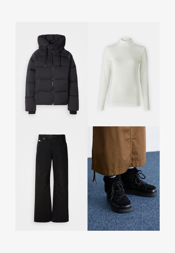 Sort pufferjakke med lynlås, overdrevet hætte og elastiske manchetter. Quiltet design og glat tekstur for isolering.; Langærmet polokravebluse i lys creme, fremstillet af et glat, strækbart stof. Tætsiddende design med ribbet tekstur ved halsudskæringen.; Sorte breddebenede jeans lavet af bomuld. Har forlommer, en knaplukning og en klassisk denimtekstur. Minimalistisk design uden mønstre.; Sorte fuzzy sneakers med en platform sål, der har snørebånd, blød tekstur og en rund tå. Kombineret med brunt stof nedenfor.