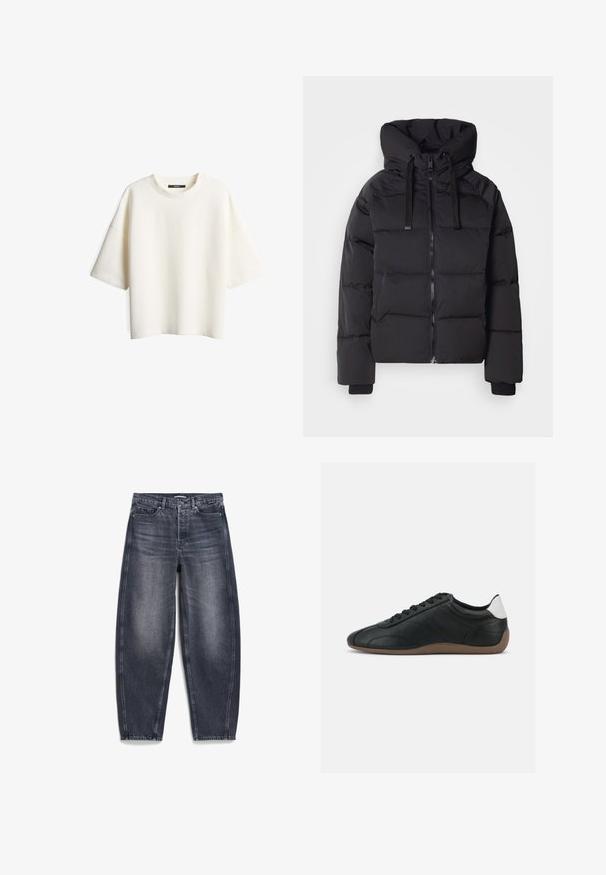 Schwarze Pufferjacke mit durchgehendem Reißverschluss, übergroßer Kapuze und elastischen Bündchen. Geplottetes Design und glatte Textur für Isolierung.; Weißes, strukturiertes Kurzarm-T-Shirt mit Rundhalsausschnitt, das eine lockere Passform bietet und keine sichtbaren Verschlüsse oder Muster aufweist.; Dunkelgraue, hoch taillierte Jeans aus Denim mit lockerer Passform. Verfügt über fünf Taschen, einen Knopfverschluss und dezente Auswaschungen für Struktur.; Schwarzer niedriger Ledersneaker mit brauner Sohle, schwarzen Schnürsenkeln und weißem Fersenpatch, dargestellt auf einem schlichten hellgrauen Hintergrund.
