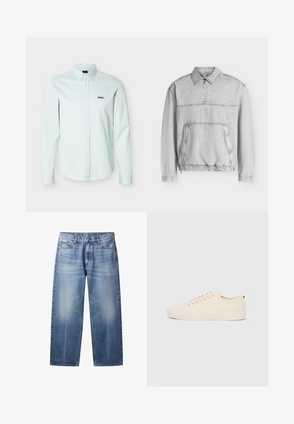 Veste-pull gris clair à manches longues avec col, demi-fermeture éclair à l’avant, grande poche kangourou, poignets et ourlet élastiqués.; Chemise bleu clair à manches longues avec col boutonné, ornée d'un logo noir "BOSS" sur la poitrine gauche.; Jean bleu clair à coupe droite avec zones délavées, cinq poches, fermeture par bouton et étiquette Calvin Klein sur la poche avant droite.; Baskets en toile beige avec bout arrondi, semelle en caoutchouc plate et lacets à l'avant. Présente un design minimaliste et un accent noir contrastant au niveau du talon.