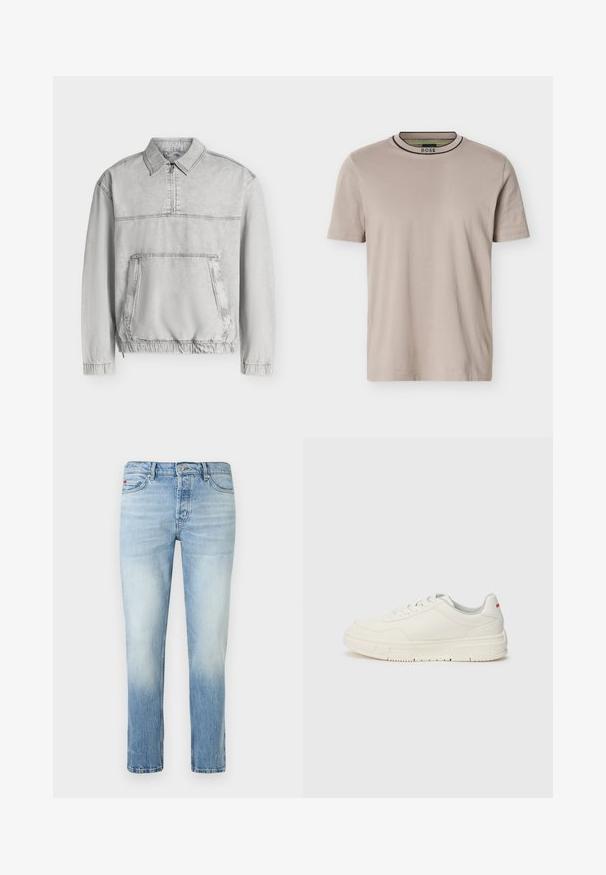 Veste-pull gris clair à manches longues avec col, demi-fermeture éclair à l’avant, grande poche kangourou, poignets et ourlet élastiqués.; T-shirt beige à manches courtes et col rond côtelé, avec des rayures noires et vertes sur le col et le logo "BOSS" à l'intérieur du col.; Jean slim bleu clair avec délavage, fermeture à bouton et zip devant, et style cinq poches.; Baskets blanches avec un dessus en cuir lisse, bout rond, lacets plats et semelle en caoutchouc texturé. Un accent rouge se trouve au niveau du talon.