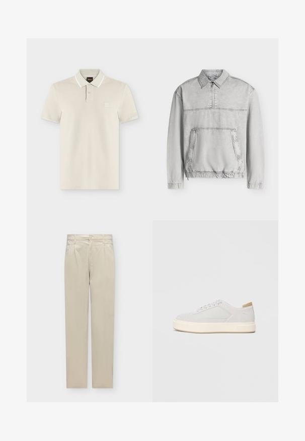 Veste-pull gris clair à manches longues avec col, demi-fermeture éclair à l’avant, grande poche kangourou, poignets et ourlet élastiqués.; Polo beige clair à manches courtes avec deux boutons, une bordure blanche sur le col et un petit logo carré sur la poitrine.; Pantalon beige droit avec plis à l'avant, passants de ceinture, fermeture par bouton et poches latérales, présenté à plat sur un fond clair.; Baskets gris clair avec une tige synthétique lisse, un bout rond et une semelle intermédiaire texturée couleur crème. Accents beige clair au niveau du talon.