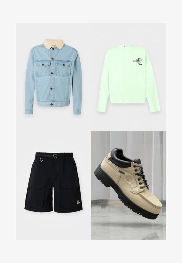 Lichtblauwe denimjas met beige corduroy kraag, knoopsluiting aan de voorkant en twee borstzakken met knopen.; Lichtgroen shirt met lange mouwen, met een kleine zwarte cartoonfiguur die rent en de tekst "MSGM" op het linkerborstgebied.; Zwarte cargoshorts met elastische tailleband, geïntegreerde riem, grote zijzakken en driehoekig ACG-logo op het rechterbeen.; Beige leren casual schoen met zwarte gewatteerde kraag, zwarte zool, grijze veters en Gore-Tex label, schuin gepositioneerd op een marmeren oppervlak.