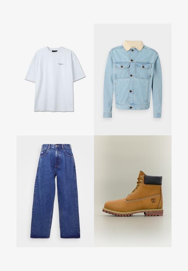 Lichtblauwe denimjas met beige corduroy kraag, knoopsluiting aan de voorkant en twee borstzakken met knopen.; Wit T-shirt met korte mouwen, voorzien van een klein zwart "Pegador"-logo op de linkerborst, ronde hals en een losse pasvorm.; Wijd gesneden, blauwe denim jeans met een hoge taille, voorzien van vijf zakken, een knoopsluiting en subtiele vervaging voor textuur.; Bruine leren enkellaars met zwarte kraag, gele veters en een zandkleurige zool. Voorzien van een logo en witte stikseldetails. Robuuste loopzool met grip.