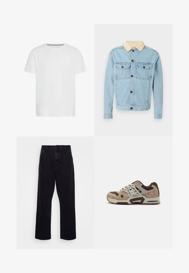 Vaaleansininen denim-takki, jossa on beigei samettikaulus, napillinen etukappale ja kaksi napillista rintataskua.; Valkoinen puuvillat-paita, jossa on pyöreä kaulus, lyhyet hihat ja yksi rintatasku. Sisäkauluksessa on hienovarainen herringbone-kuvio.; Mustat farkut suoran lahkeiden muotoilulla, jossa on nappi- ja vetoketjukiinnitys, vyölenkit ja vähäiset ompeluyksityiskohdat.; Beigen ja ruskean urheilutennarin teksturoitu kuvio, valkoiset nauhat, paksu pohja ja DC-logo sivulla sekä välipohjassa.