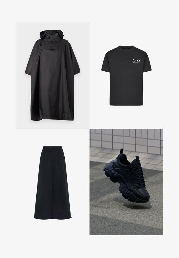 Sort vandtæt regnponcho med hætte og trykknapper foran, designet til fuldstændigt at dække krop og arme.; Sort bomulds T-shirt med rund hals. Har hvid tekst, inklusive japanske tegn og "Slurp Away," på venstre brystområde.; Sorte bukser med bred benvidde, elastisk talje og justerbar snor. Fremstillet af letvægtsstof med en glat tekstur. Ingen synlige mønstre.; Sort lædersneaker med et kraftigt design, der har en tykk sål, teksturerede paneler og sorte snørebånd. Svævende over en grå belægning.