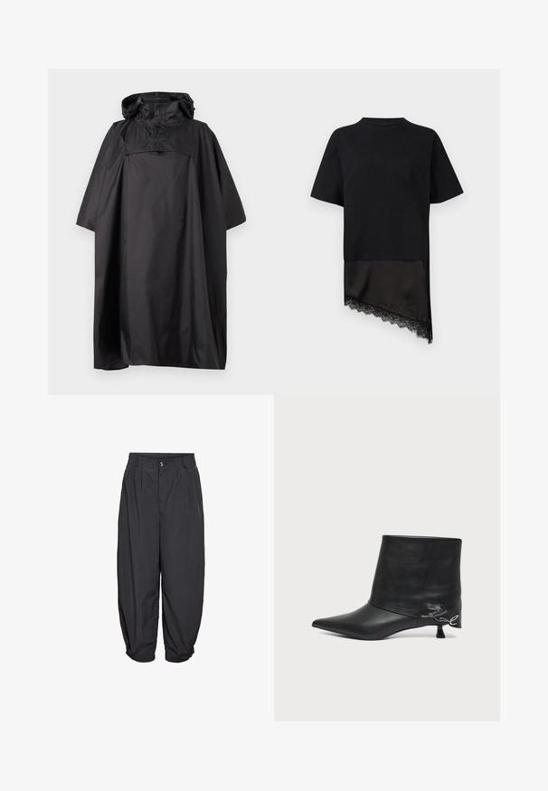 Poncho de pluie noir imperméable avec capuche et fermetures à pression à l'avant, conçu pour couvrir entièrement le corps et les bras.; Haut noir à manches courtes avec ourlet asymétrique présentant un tissu soyeux et une bordure en dentelle sur un côté, sur un fond clair.; Pantalon noir ample avec plis devant, fermeture à bouton, passants pour ceinture et jambes légèrement fuselées s'arrêtant au-dessus de la cheville.; Bottine en cuir noir avec bout pointu, petit talon kitten et détail écrit argenté près du talon.
