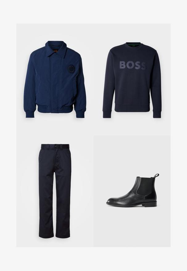 Marineblaue Bomberjacke mit Kragen, gerippten Bündchen und Saum, gesticktem Logodetail auf der Brust und glattem, strukturiertem Stoff.; Marineblauer langärmeliger Sweatshirt mit gerippten Bündchen und Saum, versehen mit erhabenen "BOSS"-Buchstaben auf der Brust.; Marineblaue Hosen aus glattem Stoff, mit geradem Bein, Gürtelschlaufen, Knopfverschluß und Fronttaschen.; Schwarze Leder-Stiefelette mit elastischen Seiteneinsätzen, abgerundeter Zehenpartie und einem Zugschlauf. Glatte Textur, flache Sohle, minimalistisches Design.
