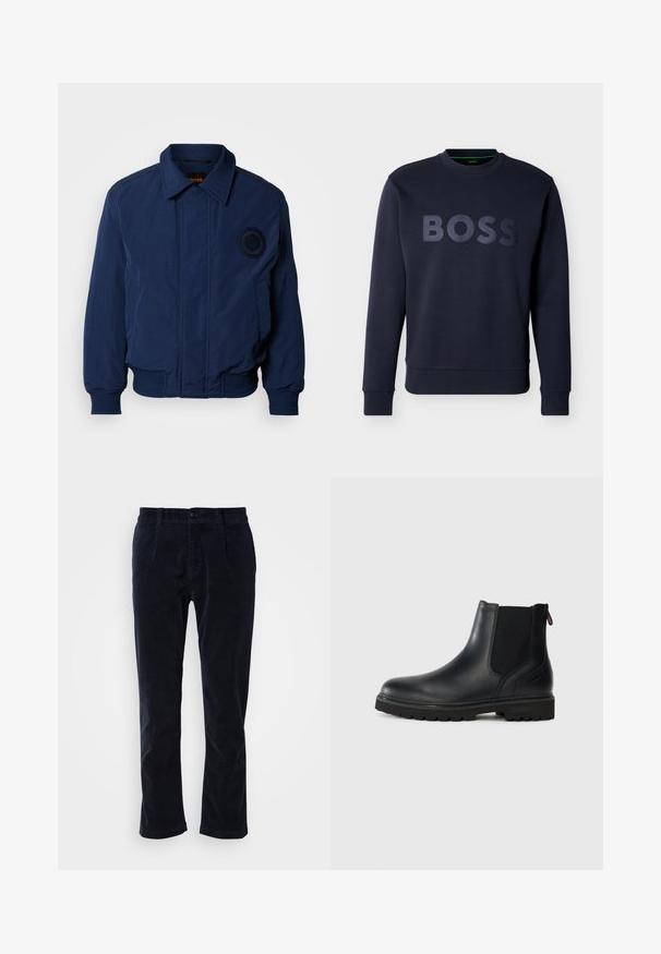 Blouson aviateur bleu marine avec col chemise, poignets et ourlet côtelés, logo brodé sur la poitrine, et tissu lisse et texturé.; Sweat-shirt bleu marine à manches longues avec poignets et ourlet côtelés, arborant un lettrage "BOSS" en relief sur la poitrine.; Pantalons en velours côtelé marine avec un devant plat, deux poches avant et une fermeture à un bouton. Texture douce, jambes légèrement fuselées.; Bottine noire en cuir avec des panneaux latéraux en élastique, bout rond et semelle en caoutchouc robuste avec de profonds crampons pour une meilleure adhérence.