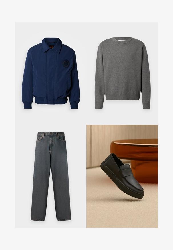 Mørkeblå bomberjakke med krave, ribstrikkede manchetter og kant, broderet logodetalje på brystet og glat, tekstureret stof.; Grå crewneck sweater lavet af blødt strikket stof. Har lange ærmer og ribbede manchetter og kant. Minimalistisk design uden synlige logoer.; Mørkegrå denimjeans med lige ben, fem lommer og en knap- og lynlås-lukning. Stofmet har diskret falming og syninger.; Sort lædersko med elastik over vristen, placeret på et beige tæppe og ved et brunt rundt bord.