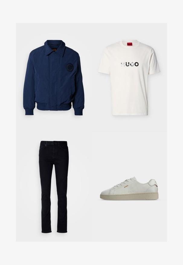 Navyblauw bomberjack met een kraag, geribbelde boorden en zoom, geborduurd logodetail op de borst en een gladde, gestructureerde stof.; Wit T-shirt met korte mouwen en ronde hals, voorzien van een reflecterend "HUGO"-logo in het midden van de borst.; Zwarte denim jeans met een slim fit, vijf-zakken ontwerp, zichtbare stiksels en een knoopsluiting. Gladde textuur zonder extra patronen.; Witte lage sneaker met beige zool, gouden "HUGO"-logo aan de zijkant en rode accenten op de hielband, weergegeven in zijaanzicht.