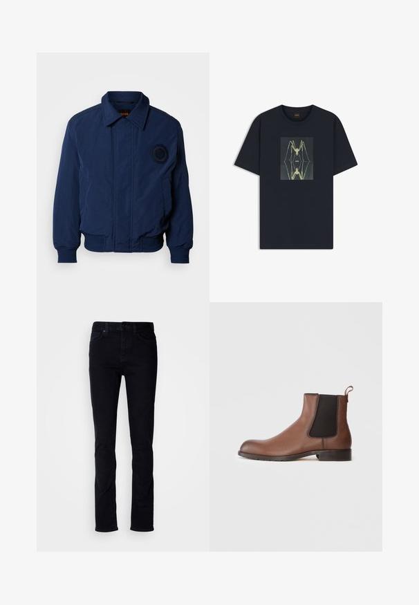 Mørkeblå bomberjakke med krave, ribstrikkede manchetter og kant, broderet logodetalje på brystet og glat, tekstureret stof.; Sort T-shirt med korte ærmer, sort, med et centralt placeret abstrakt spindelvævsgrafik i off-white og ordet "BOSS" på brystet.; Sorte denimjeans med slim fit, fem-lomme design, synlig syning og knappelukning. Glat tekstur uden yderligere mønstre.; Brune læder Chelsea-støvle med en tekstureret overflade, elastiske sidepaneler og en trækflig. Har en gummisål for bedre trækkraft.