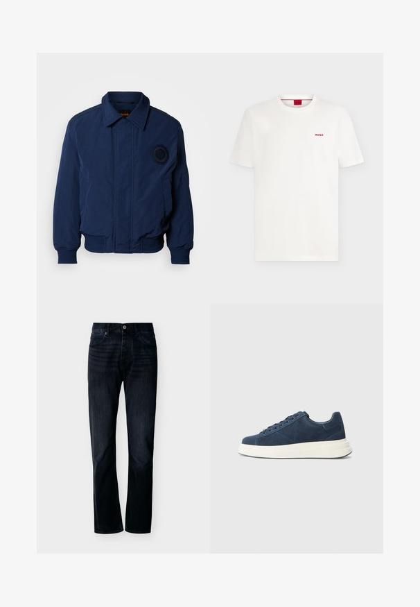 Navyblauw bomberjack met een kraag, geribbelde boorden en zoom, geborduurd logodetail op de borst en een gladde, gestructureerde stof.; Effen wit T-shirt met korte mouwen en ronde hals, met een klein rood "HUGO"-logo op de linkerborst en een rood label in de kraag.; Donker indigo recht gesneden spijkerbroek met knoop- en ritssluiting aan de voorkant, riemlussen en een ontwerp met vijf zakken, weergegeven tegen een eenvoudige lichte achtergrond.; Marineblauwe suède sneakers met een witte rubberen zool, voorzien van zes veterogen, een gestructureerde voering en een minimalistisch ontwerp met subtiele stikdetails.
