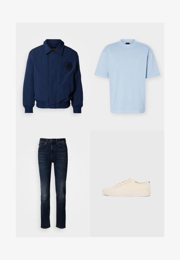 Blouson aviateur bleu marine avec col chemise, poignets et ourlet côtelés, logo brodé sur la poitrine, et tissu lisse et texturé.; T-shirt à manches courtes bleu clair avec col rond, tissu doux et coupe décontractée, présentant une petite étiquette de marque noire et orange à l'intérieur du col.; Jean denim bleu foncé à coupe droite, avec un design traditionnel à cinq poches, des coutures visibles et une fermeture bouton à la taille.; Baskets en toile beige avec bout arrondi, semelle en caoutchouc plate et lacets à l'avant. Présente un design minimaliste et un accent noir contrastant au niveau du talon.