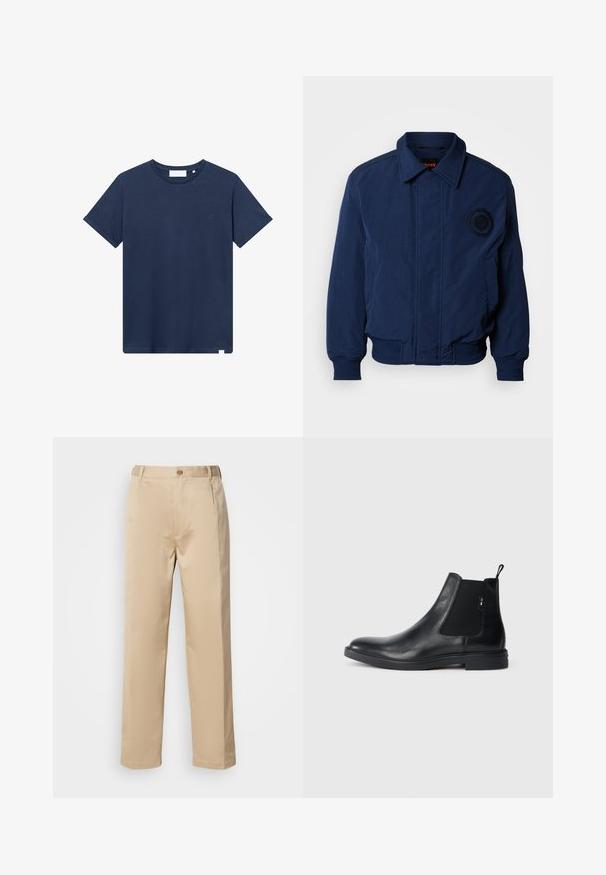 Cazadora bomber azul marino con cuello con solapa, puños y dobladillo acanalados, detalle de logo bordado en el pecho y tejido liso y texturizado.; Camiseta de algodón azul marino con cuello redondo, mangas cortas y un pequeño logotipo bordado en el lado izquierdo del pecho. Textura suave.; Pantalones beige hechos de una tela ligera, con un diseño de pierna recta, cinturilla con trabillas y un solo botón en la parte frontal.; Botines Chelsea de cuero negro con paneles elásticos laterales, una pestaña para tirar y una suela de goma plana. Textura suave con un detalle mínimo.