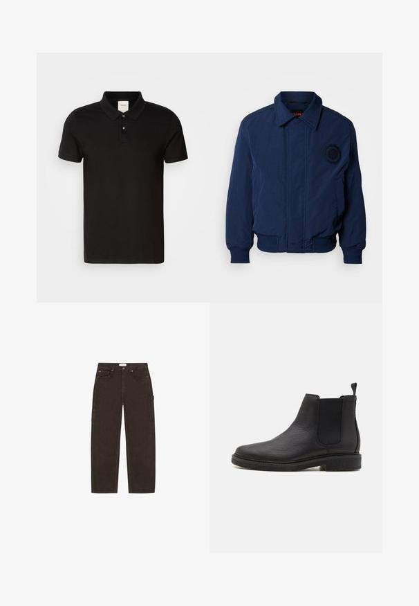 Navyblauw bomberjack met een kraag, geribbelde boorden en zoom, geborduurd logodetail op de borst en een gladde, gestructureerde stof.; Zwarte polo met een gladde stof en een klassieke kraag. Bevat twee knopen bij de hals, korte mouwen en een subtiel logo op de borst.; Donkerbruine jeans met rechte pijpen, voorzakken, riemlussen, knoopsluiting en een zijlusdetail op een witte achtergrond.; Zwarte leren Chelsea-boot met een textuurafwerking, elastische zijkappen en een lus, met een lage, platte rubberen zool.