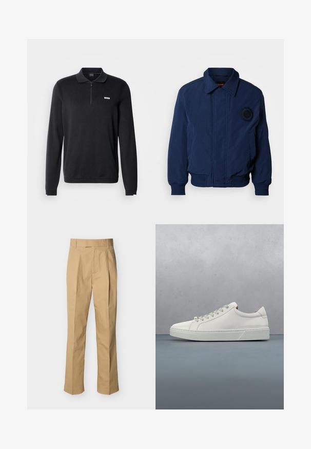 Blouson aviateur bleu marine avec col chemise, poignets et ourlet côtelés, logo brodé sur la poitrine, et tissu lisse et texturé.; Polo noir à manches longues avec col zippé, texture côtelée et petit logo blanc "BOSS" sur la poitrine.; Pantalon beige en coton lisse à taille haute, avec des plis à l'avant et des jambes droites. Aucun équipement visible ni motifs.; Baskets en cuir blanc avec un bout arrondi, design minimaliste, lacets gris et semelle en caoutchouc gris texturé. Détails de couture subtils visibles.