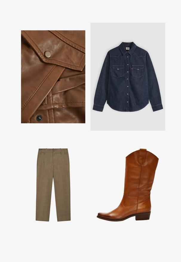Brunt læderstof med glat tekstur, der har en knaplukning, syninger og en let glans. Blød drapering er synlig.; Mørkeblå denim skjorte med lange ærmer, spids krave, frontlukning med trykknapper og to brystlommer med knapper samt kontrastsyning.; Brune jakkesætsbukser med lige ben, bæltestropper, knap- og lynlåslukning foran samt sidelommer, vist på hvid baggrund.; Brune læder cowboystøvle med spids tå, dekorativ syning på forsiden og en lav stablet hæl. Har en trækflap øverst.