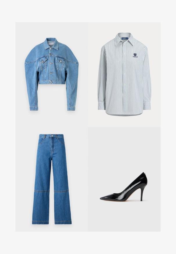 Veste en denim bleu clair coupée avec manches longues, fermeture à boutons, deux poches poitrine à rabat et un col par Viktor & Rolf.; Chemise blanche à manches longues avec fines rayures verticales bleu marine et petit logo Wimbledon brodé sur la poitrine gauche.; Jean en denim bleu à jambe large et taille haute, avec des coutures doubles au niveau des genoux et une finition en tissu texturé.; Escarpin à talon haut en cuir verni noir avec un bout pointu, présentant une texture lisse et un talon aiguille mince. Aucun accessoire visible.