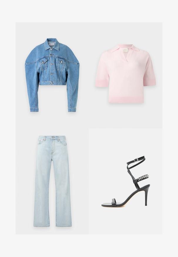 Lys blå cropped denimjakke med lange ærmer, knaplukning foran, to klaplommer på brystet og krave fra Viktor & Rolf.; Lyserød kortærmet strikket polo med ribbet krave, ærmekanter og kant, med en lille V-formet halsåbning.; Lyseblå denimjeans med høj talje, vidde ben-design og subtil falming. Har klassisk fem-lommes styling og tonale syninger.; Sort højhælet sandal med tynd ankelrem, midtfodsrem dekoreret med sølvkædeled og åben tå-design.